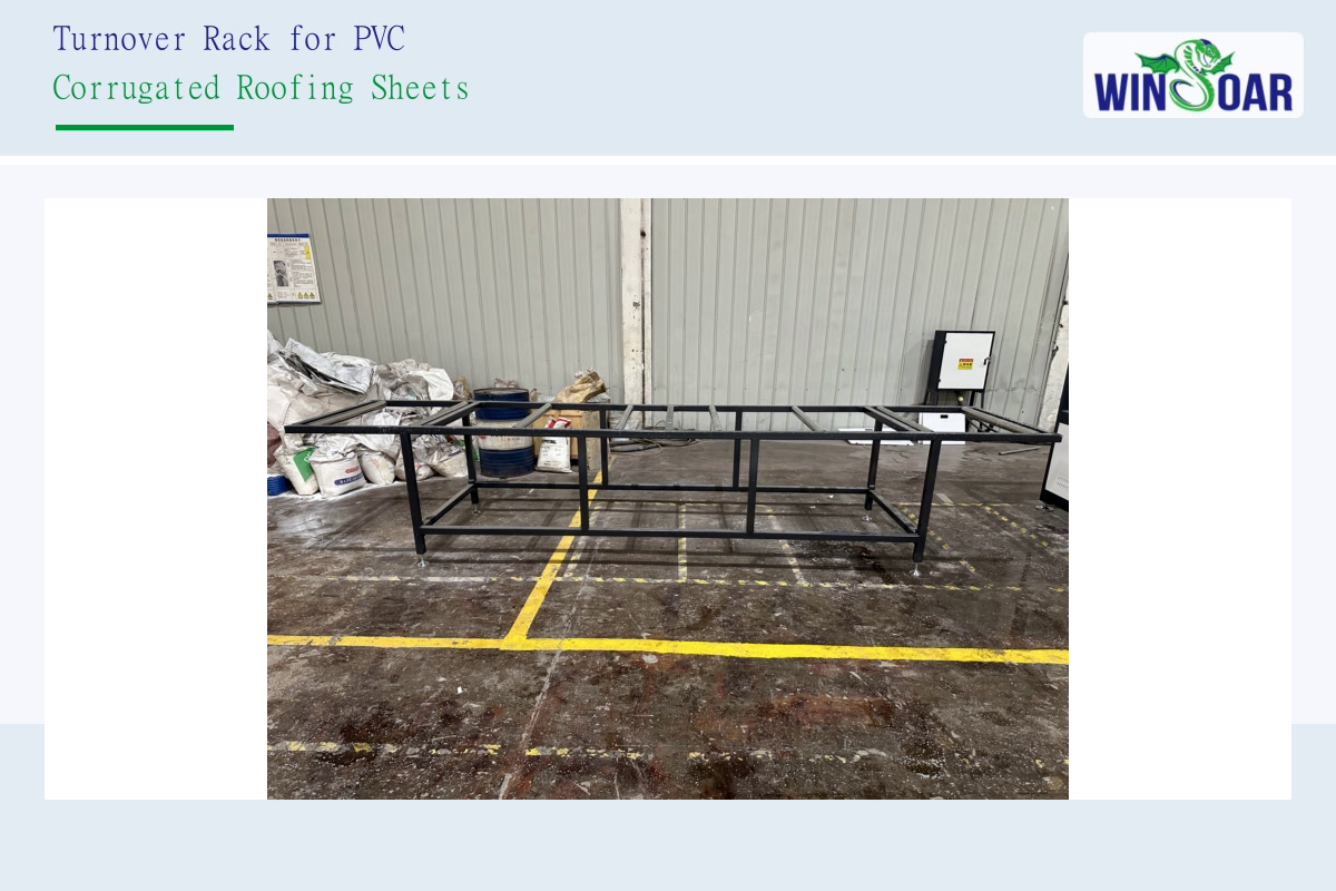 Turnover rack for receiving and stacking finished PVC hollow corrugated roofing sheets