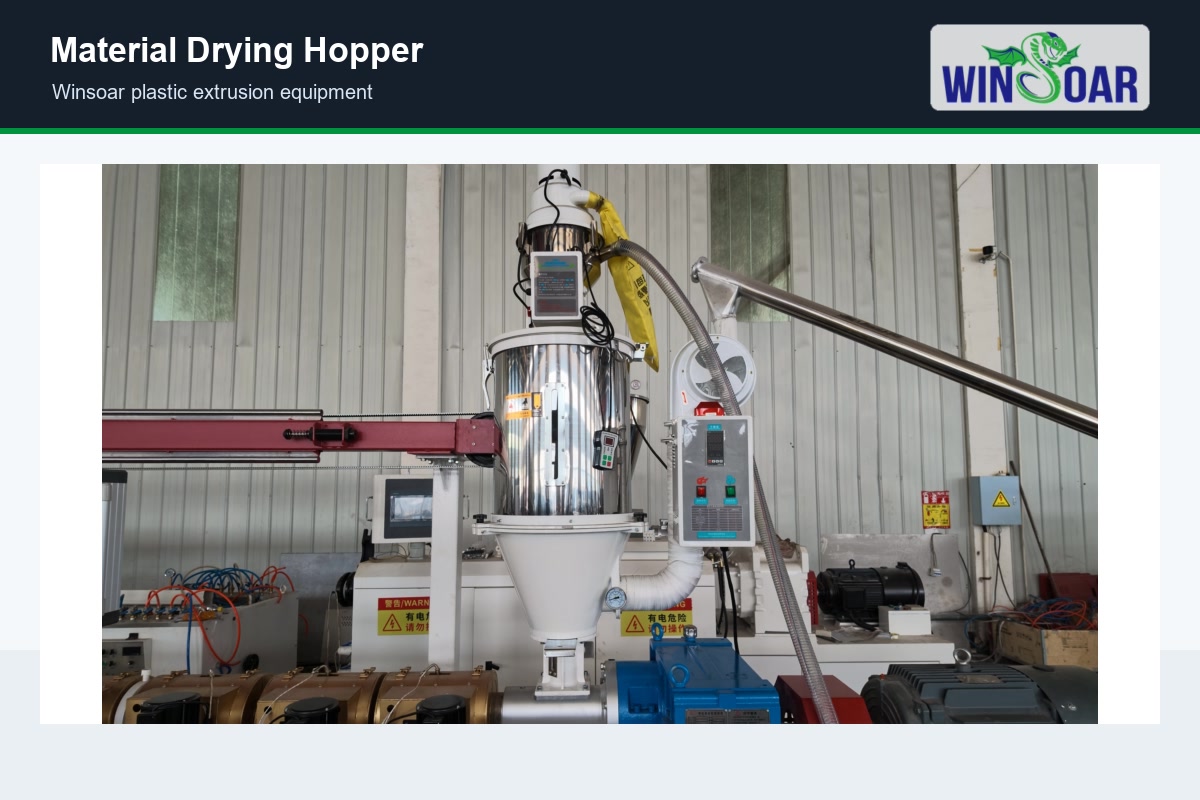 Drying hopper for moisture-controlled material preparation before filament extrusion
