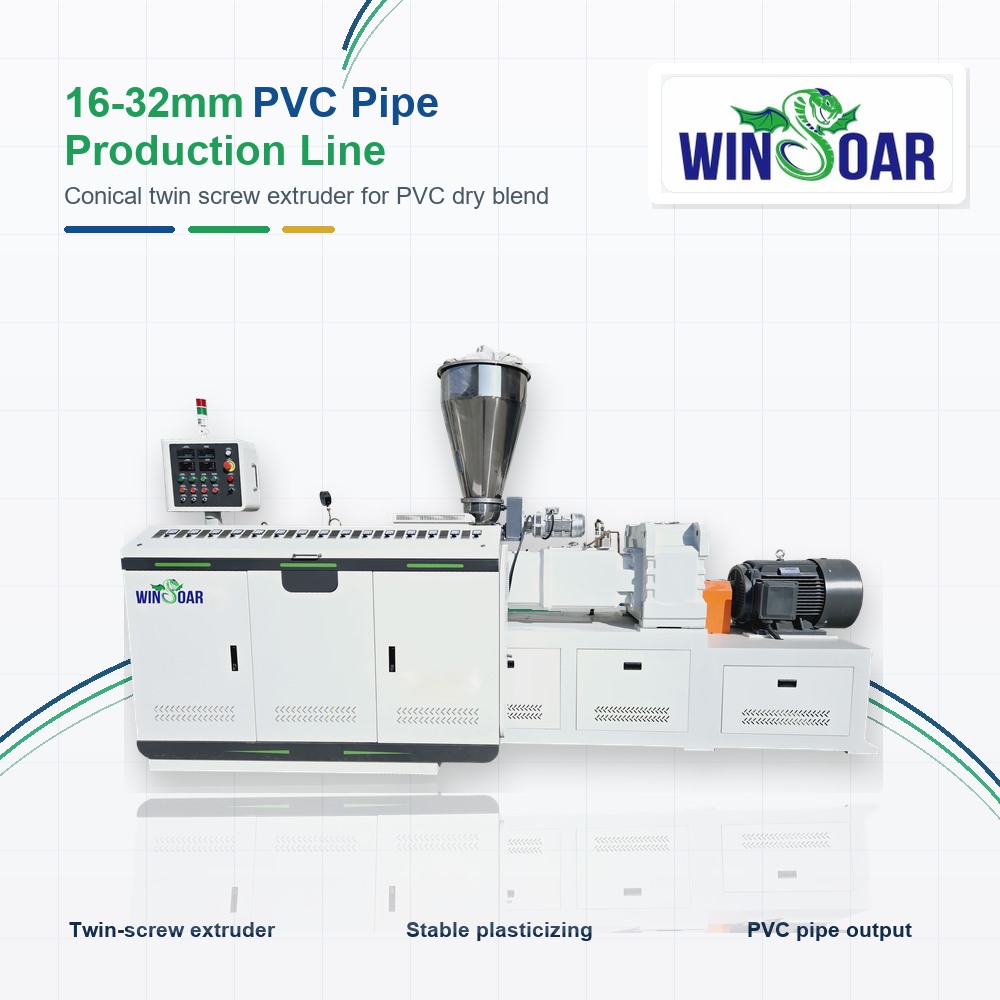 Conical twin screw extruder for 16-32mm PVC one out four pipe line