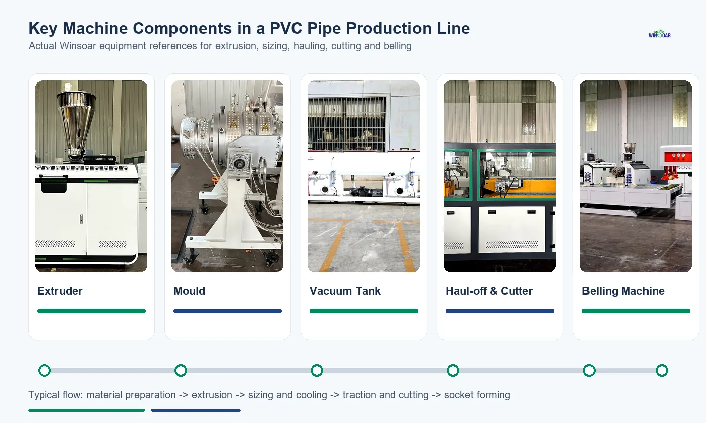 Key machine components in a PVC pipe production line including extruder mould vacuum tank haul-off cutter and belling machine